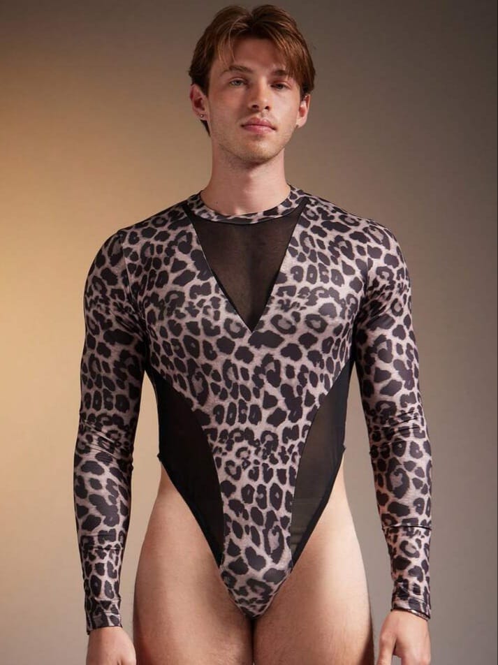 BONGA BOYS Men's Tight-Fitted Mesh Leopard Print Long Sleeve Bodysuit